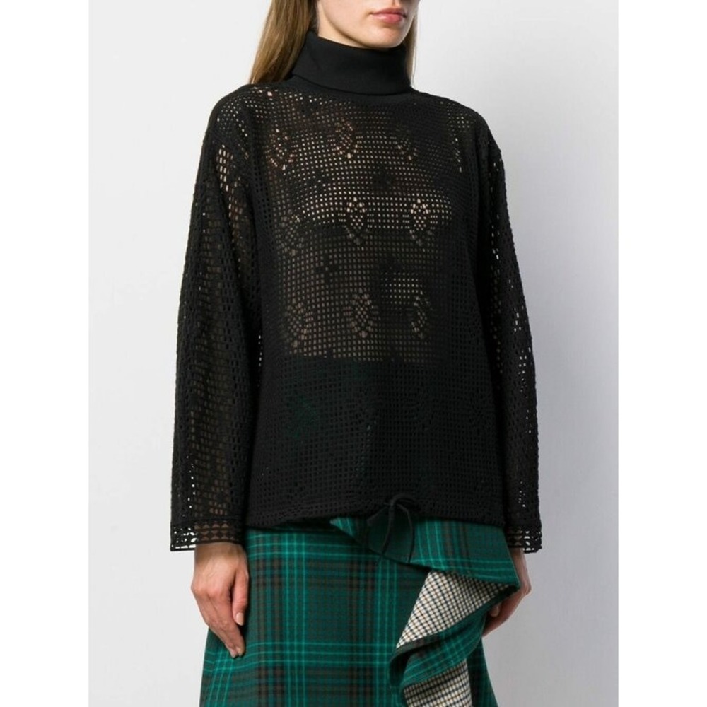 See By Chloe Sweater Black Open Weave Mesh Crochet Turtleneck Drawstring Hem M/L